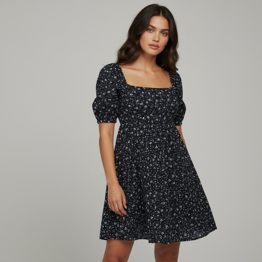 Maeve Anthropologie Black White Floral Eyelet Mini Dress Square Neck Size 8